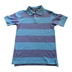 Tommy hilfiger striped polo shirt boy SZ M 12-14 blue Colorblock 90s style Top